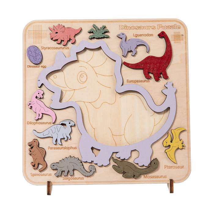 Puzzle 3D din lemn dinozauri – incastru cognitiv | ZukiToys.ro [1]