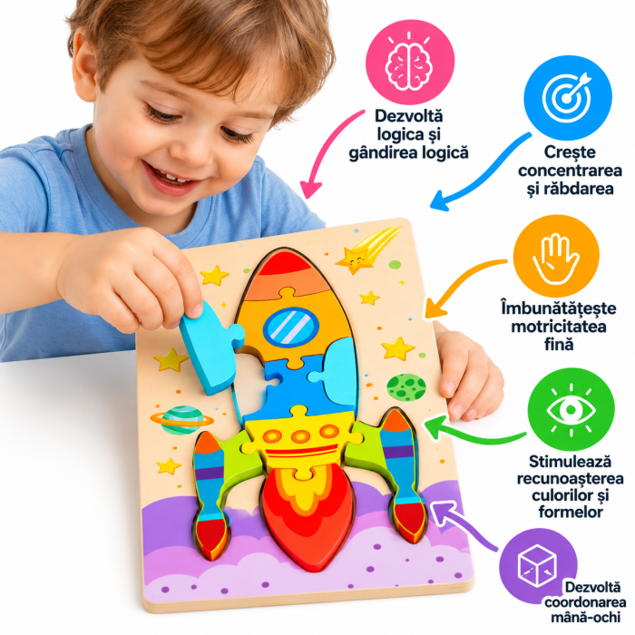 Puzzle 3D Racheta din Lemn, 9 Piese - 3 ani + [2]