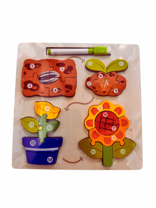 Puzzle din lemn 3D floare + tablita de desen cu marker – 20 piese [1]