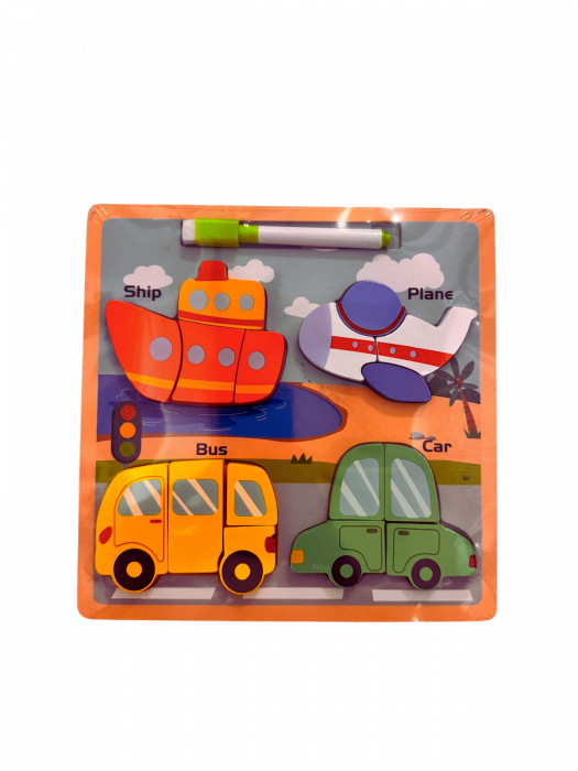 Puzzle din lemn 3D mijloace de transport + tablita de desen cu marker – 16 piese [1]