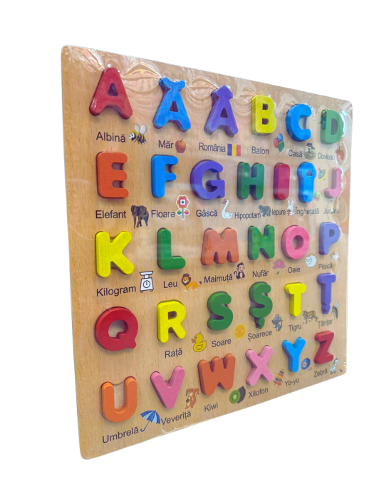 Puzzle educativ din lemn cu alfabet (litere mari, ilustrații și cuvinte) [2]