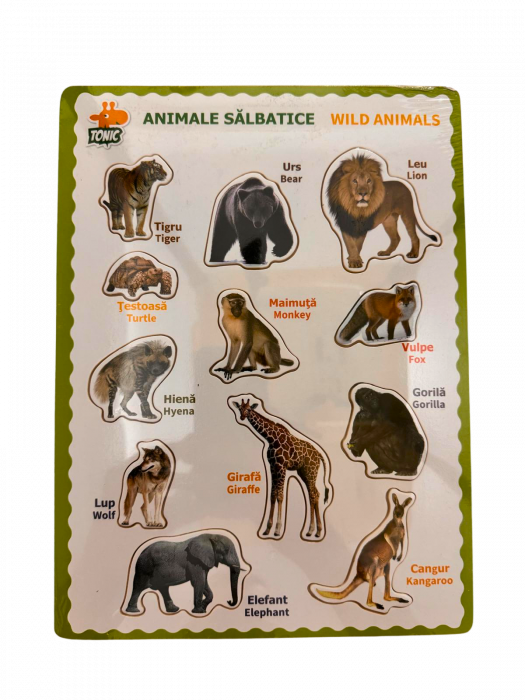 Puzzle educativ din lemn cu animale salbatice - denumiri in romana si engleza, stil Montessori [1]
