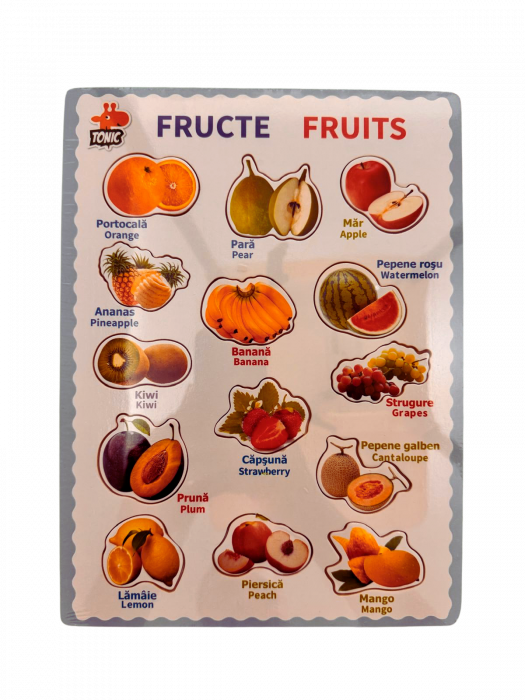 Puzzle educativ din lemn cu fructe - denumiri in romana si engleza, stil Montessori [1]