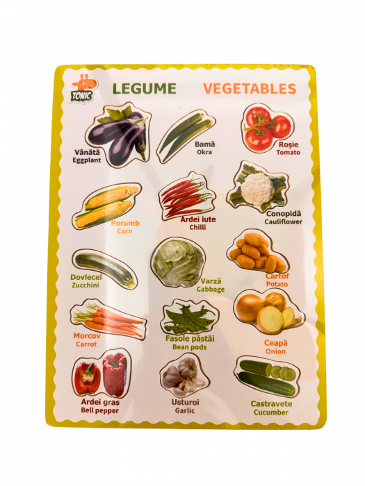 Puzzle educativ din lemn cu legume- denumiri in romana si engleza, stil Montessori [1]