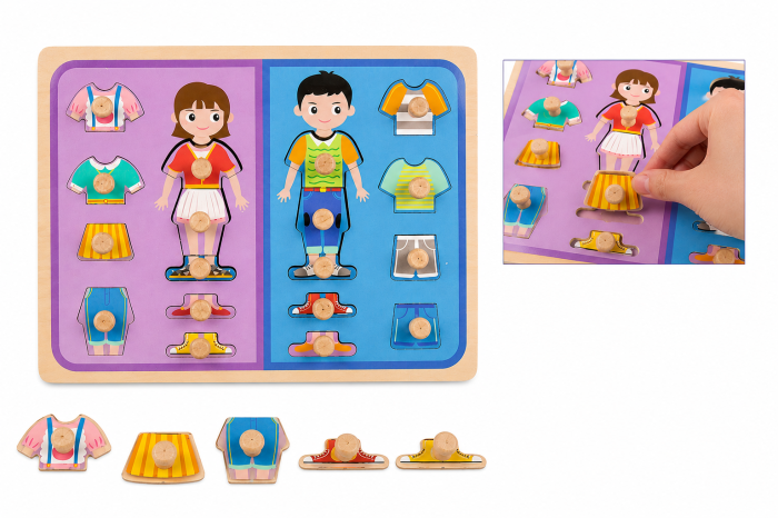 Puzzle educativ din lemn „Îmbracă copiii” cu butoni și haine interschimbabile [2]