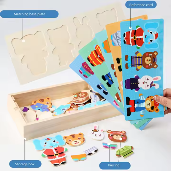Puzzle Montessori din lemn - Asociere vestimentatie animale, 4 personaje (urs, iepure, elefant, tigru) [5]