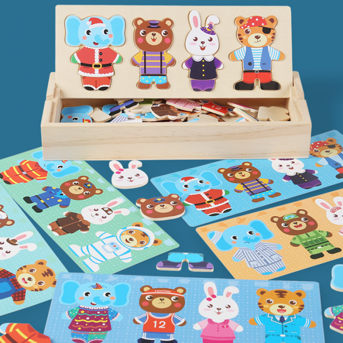 Puzzle Montessori din lemn - Asociere vestimentatie animale, 4 personaje (urs, iepure, elefant, tigru) [3]
