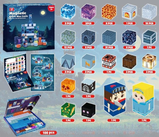 Set 100 piese magnetice de construcție – Minecraft Blocks Blue Castle [2]