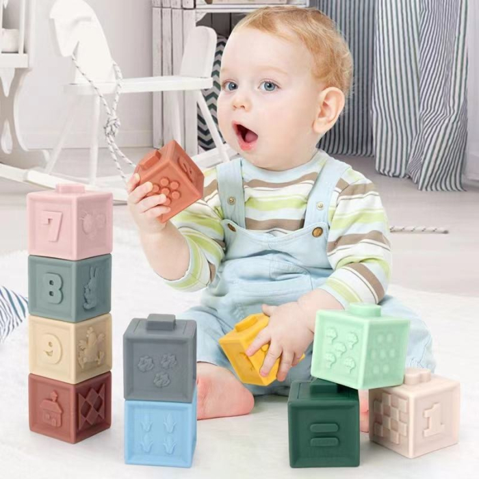 Set 6 cuburi senzoriale moi din silicon pentru bebeluși, interactive, gingivale [5]