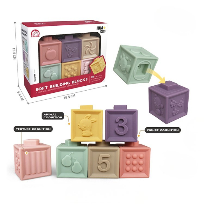 Set 6 cuburi senzoriale moi din silicon pentru bebeluși, interactive, gingivale [4]