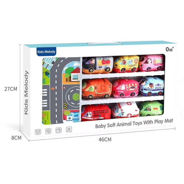 Set de 3 mașinuțe textile pentru bebeluși cu covoraș de joacă 46 × 27 cm [4]