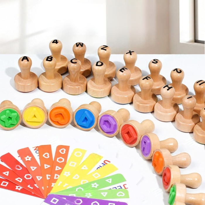 Set educativ de ștampile din lemn pentru copii cu alfabet, cifre și forme [4]