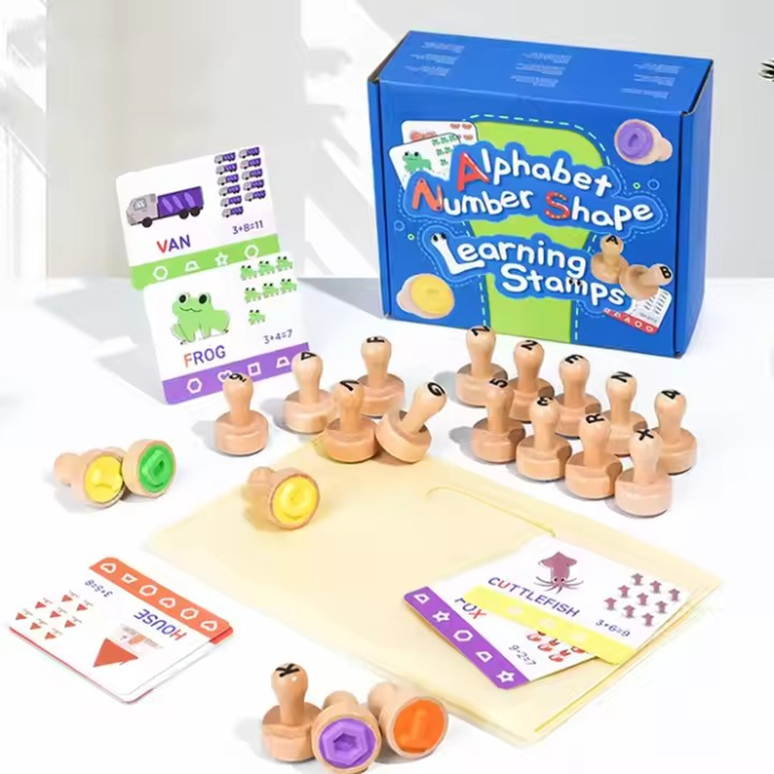 Set educativ de ștampile din lemn pentru copii cu alfabet, cifre și forme [3]