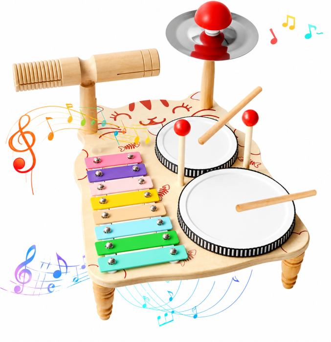 Set instrumente muzicale din lemn – Tobă, xilofon, tamburină și accesorii [3]