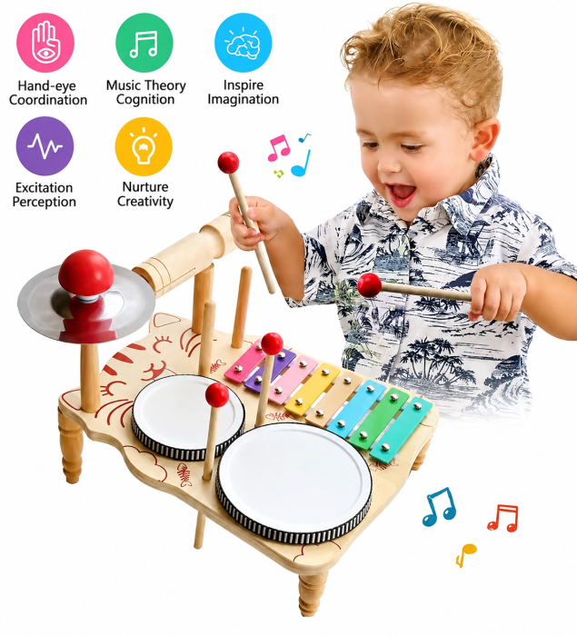 Set instrumente muzicale din lemn – Tobă, xilofon, tamburină și accesorii [2]