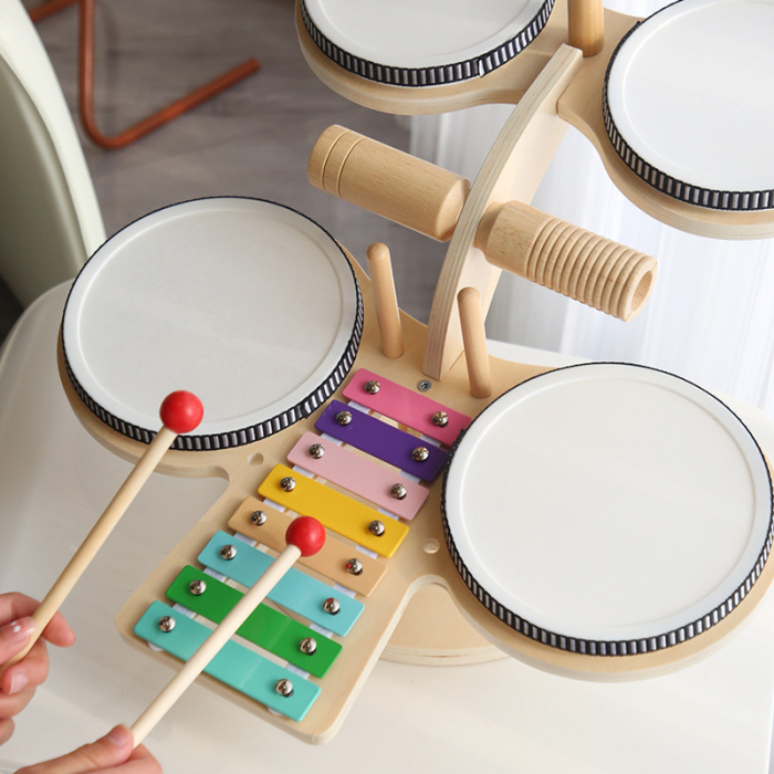 Set muzical din lemn cu tobe, percuție și xilofon pentru copii [3]