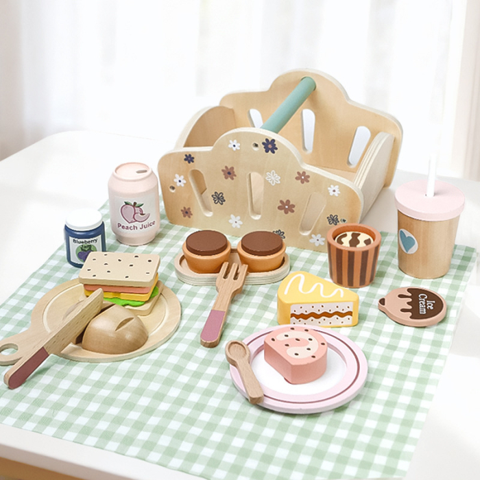 Set Picnic din Lemn cu Coș, Alimente și Accesorii de Servire, 23 Piese - 3 ani + [3]