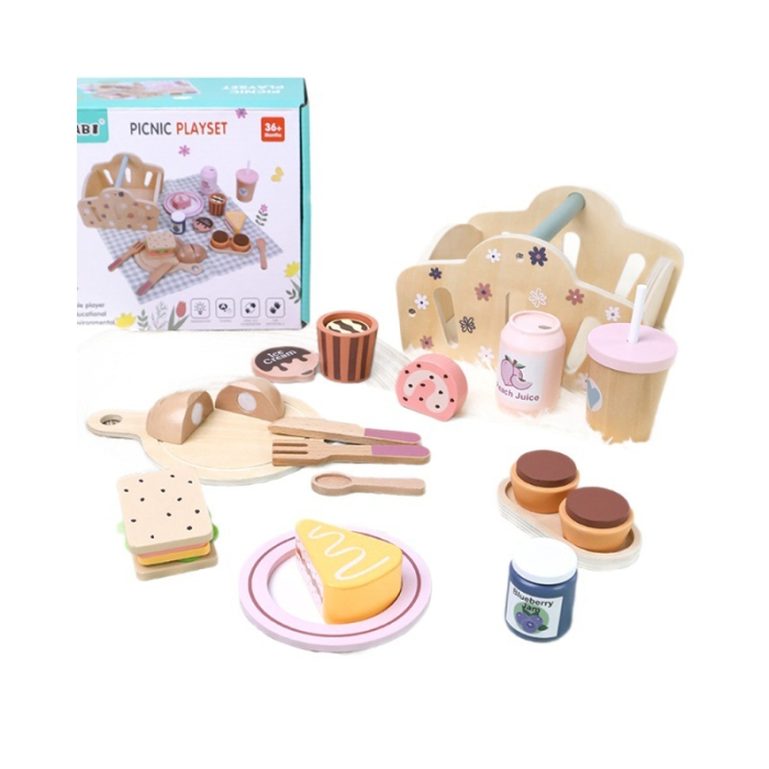 Set Picnic din Lemn cu Coș, Alimente și Accesorii de Servire, 23 Piese - 3 ani + [4]
