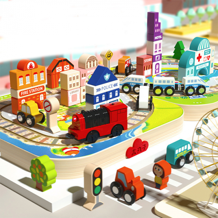 Set trenulet si cuburi constructie din lemn - Track Box City portabil [2]