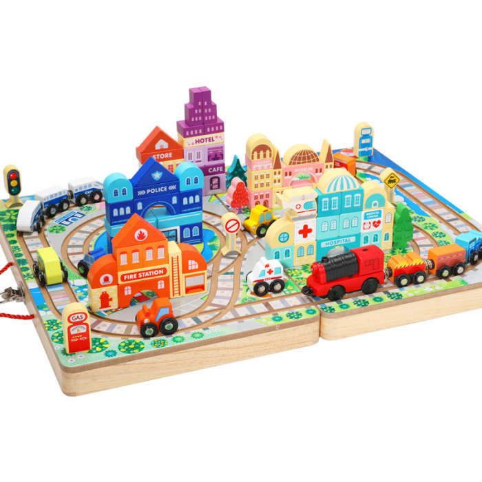 Set trenulet si cuburi constructie din lemn - Track Box City portabil [1]