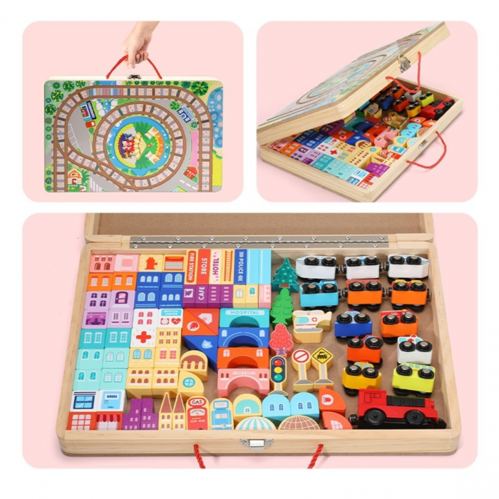 Set trenulet si cuburi constructie din lemn - Track Box City portabil [5]