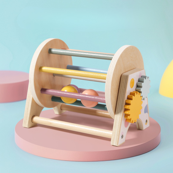 Tambur rotativ din lemn cu bile și roți zimțate – jucărie senzorială 3‑în‑1 Montessori [2]