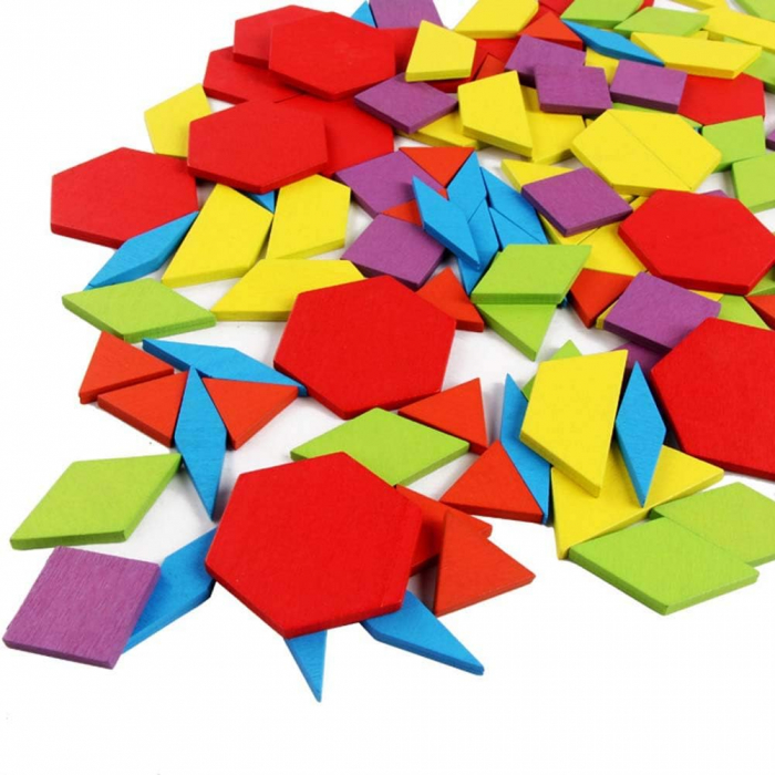 Tangram din lemn cu 155 piese colorate – Joc educativ Montessori pentru copii [5]