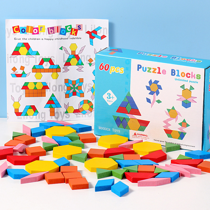 Tangram din lemn cu 60 piese colorate – Joc educativ Montessori pentru copii [1]