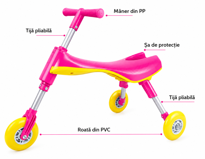 Tricicletă pliabilă Scooter Baby Bug Ride-On cu roți din silicon - Roz [2]
