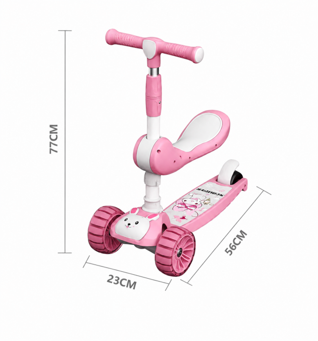 Trotinetă pliabilă Bunny Ride 3 în 1 cu scăunel și lumini LED – Roz [3]