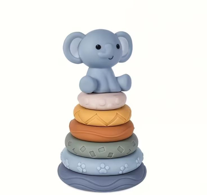 Turn de stivuire și sortare din silicon cu forme și cuburi senzoriale - model Elefant [2]