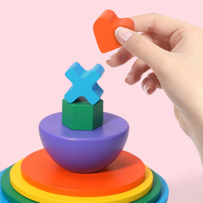 Turn Rainbow din lemn – Joc de stivuire cu forme geometrice | ZukiToys.ro [3]