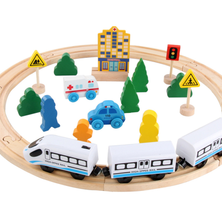 Jucarii de lemn - Circuit cu tren electric „Oraselul” tip puzzle din lemn