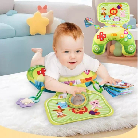 Jucarii bebe - Perna Tummy-Time pentru Bebelusi cu Carti Textile si Jucarii Senzoriale (0-12 luni)