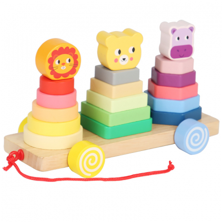 Jucarii sub 50 lei - Forme geometrice animale pe roți – Joc de stivuire din lemn | ZukiToys.ro