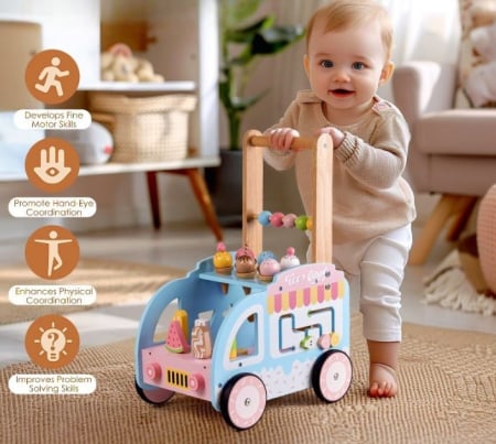 Antepremergător din lemn 3 în 1 – căruț cu înghețată, sortator forme și abac [3]