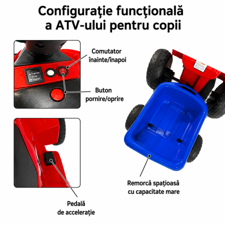 ATV electric pentru copii cu remorcă, roți rezistente și design off-road - Roșu [6]
