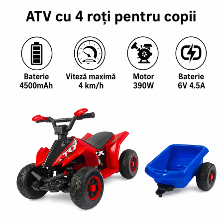 ATV electric pentru copii cu remorcă, roți rezistente și design off-road - Roșu [5]