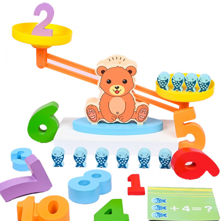 Balanta din lemn cu ursulet – Joc educativ matematic – ZukiToys.ro