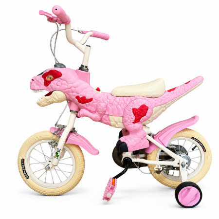 Trotinete & Triciclete pentru Copii - Bicicletă cu model ,,Dinozaur 3D", roți de 12 inch și roți ajutătoare - Roz