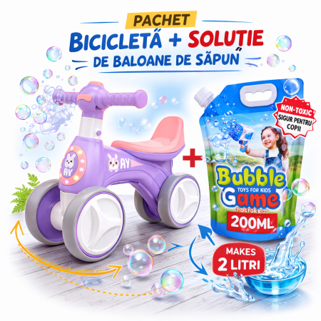 Jucarii Interactive & Sensoriale - Bicicletă fără pedale cu lumini, sunete si baloane de sapun – 4 roți roz