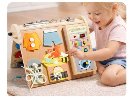 Busy Board Montessori din lemn cu lumini LED și 4 zone de activități [1]