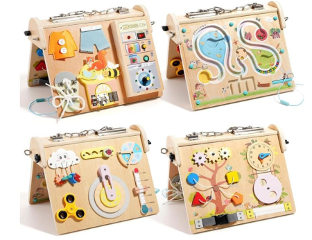 Jucarii Educative & Invatare - Busy Board Montessori din lemn cu lumini LED și 4 zone de activități