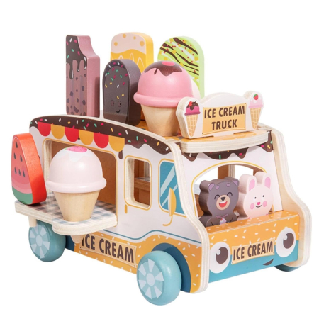 Jucarii Interactive & Sensoriale - Camion din lemn cu înghețată și accesorii – Joc de rol pentru micul vânzător