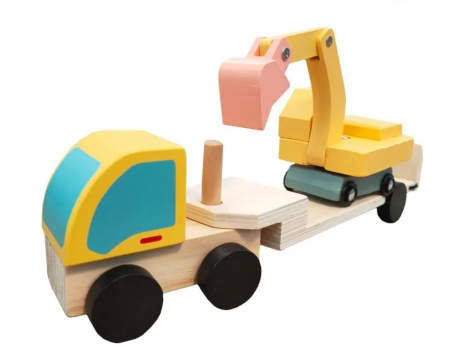 Camion din lemn cu platforma si excavator pentru copii 3 ani+