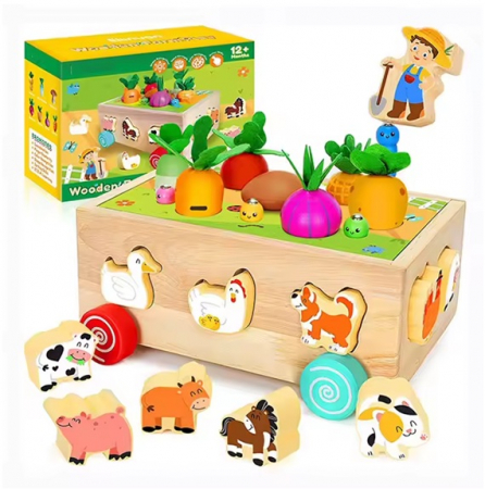 Jucarii educative - Camion puzzle Montessori din lemn pentru copii – Sortare forme geometrice si invatare culori