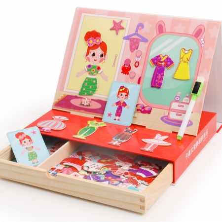 Jucarii educative - Carte magnetică lemn – Puzzle 3D „Îmbracă fetița” educativă | ZukiToys.ro