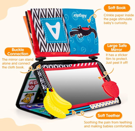 Carte senzorială montessori pentru bebeluși cu oglindă, pagini foșnitoare și jucării gingivale [2]