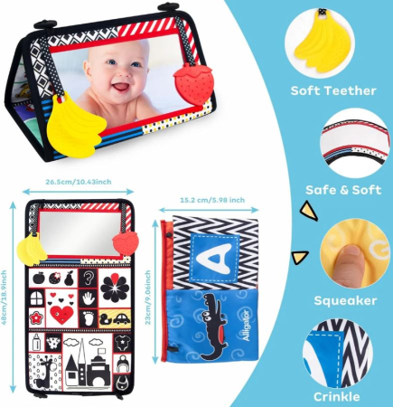 Carte senzorială montessori pentru bebeluși cu oglindă, pagini foșnitoare și jucării gingivale [1]