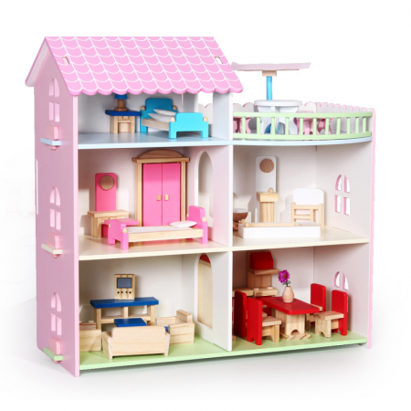 Jucarii educative - Casuta de papusi din lemn cu mobilier – 46x22.5x46 cm, asamblare rapida